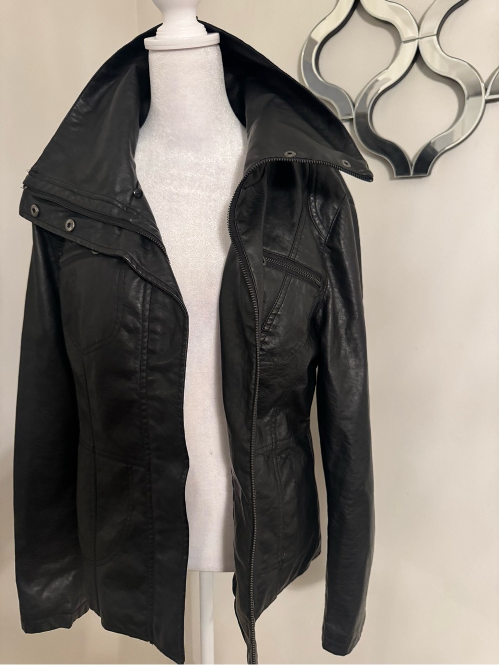 Brave Soul Black Women's Leather Zip Jacket with High Collar